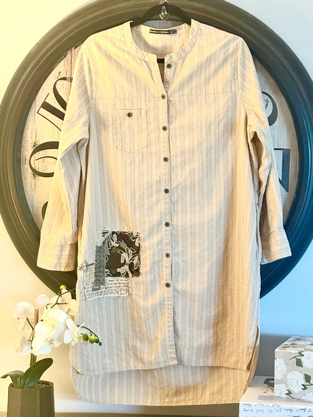 Gudrun Striped Button-Front Tunic with Patch Detail - Beige